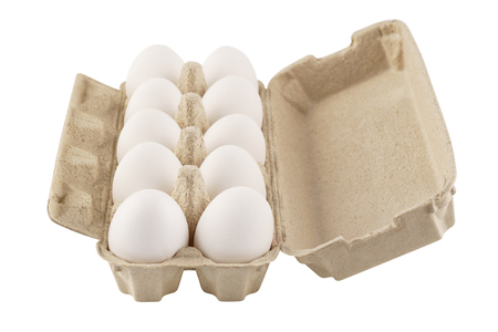 Eggs in an egg carton on a white background. Isolated on white. Side view.の写真素材