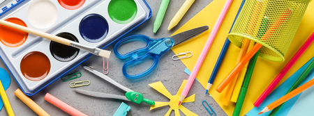 Set of colorful stationery supplies for school and children creation. Back to school concept. Banner.の写真素材