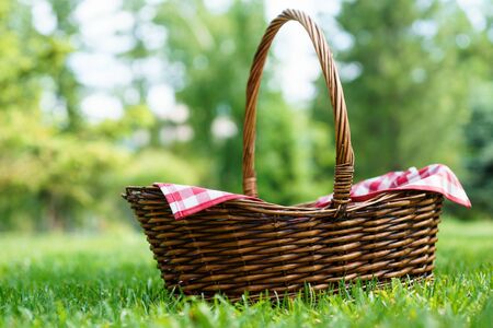 Empty wicker basket with red tablecloth on green grass in a park. Natural background. Copy space.の写真素材