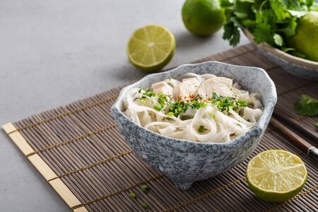Vietnamese soup Pho GA with chicken, rice noodles and fresh herbs in a bowl. Space for text.の写真素材