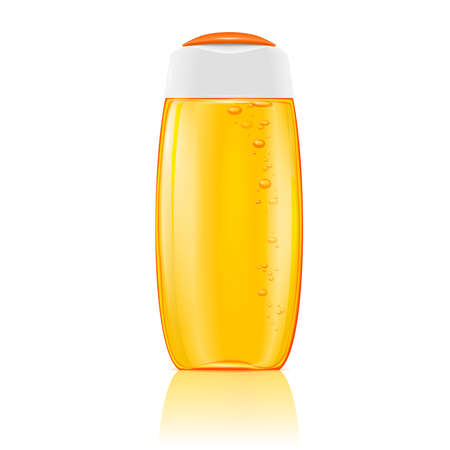 Plastic cosmetic bottle with bubbles in yellow shampoo, shower gel, lotion or bath foam. Ready for your design. Vector illustration.のイラスト素材