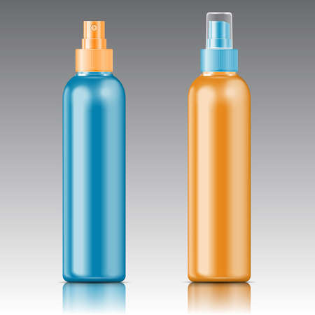 Color plastic bottle (cosmo round style) with fine mist ribbed sprayer for cosmetic, perfume, deodorant, freshener. Vector illustration.のイラスト素材