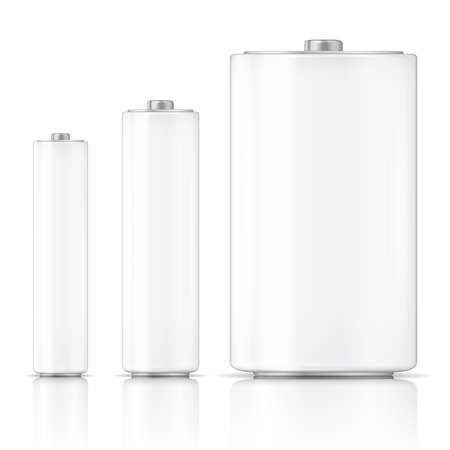 White battery template set, three sizes: AAA, AA, D. Ready for your design. Vector illustration.のイラスト素材