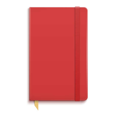 Red copybook with elastic band and gold bookmark. Vector illustration.のイラスト素材
