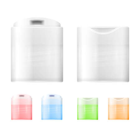 Disc bottle cap set. Opened and closed, different colors. Packaging collection. Vector illustration.のイラスト素材
