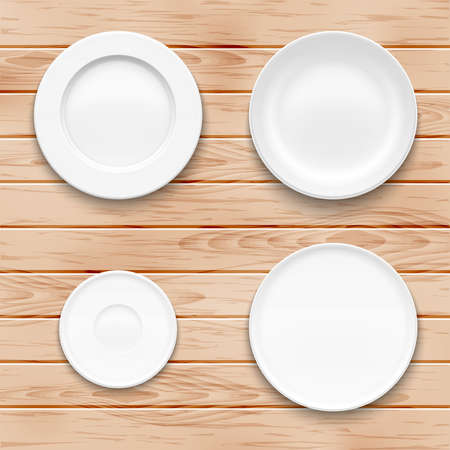 White plate set on wooden background. Kitchen dishware. Vector illustration.のイラスト素材
