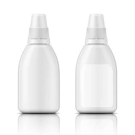 White plastic bottle template for nasal spray, eye drops, oil. Packaging collection. Vector illustration.のイラスト素材