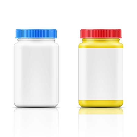 Template of colored square plastic bottle with screw cap for medicine, pills, tabs. Packaging collection. Vector illustration.のイラスト素材