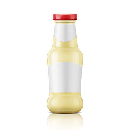 White sauce in glass bottle with red lid. Vector illustration. Packaging collection.のイラスト素材