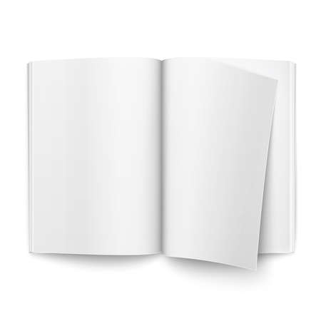 Blank open magazine template on white background with one page turning over. Ready for your design. Vector illustration.のイラスト素材