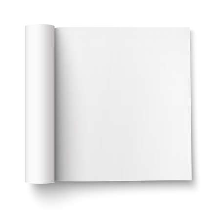 Blank open magazine template with rolled pages on white background . Square format. Ready for your design. Vector illustration.のイラスト素材