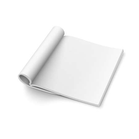 Blank open magazine template with rolled pages on white background . Square format. Ready for your design. illustration.のイラスト素材
