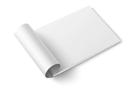 Blank open magazine template with rolled pages on white background . Wide format. Ready for your design. Vector illustration.のイラスト素材