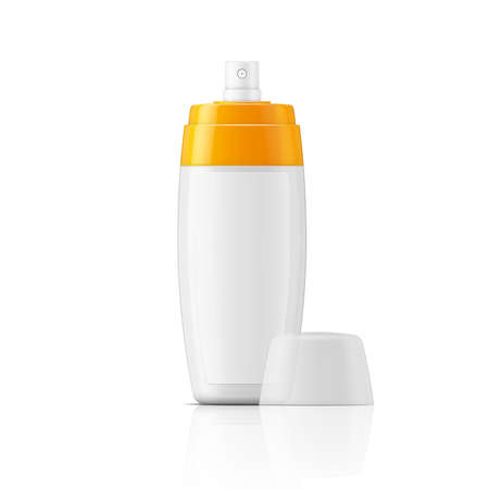 White plastic spray bottle template with blanc label for protection or tanning oil, lotion, body milk. Ready for your design. illustration.のイラスト素材