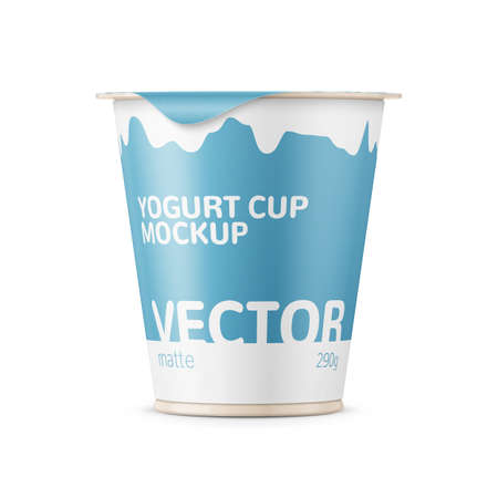 Round plastic pot with matte carton wrap and foil cover for dairy products, yogurt, cream, dessert. 290 g. Realistic packaging mockup template with sample design. Front view. Vector illustration.の写真素材