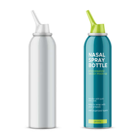 White glossy aluminum bottle with sprayer for nasal spray on white background.のイラスト素材