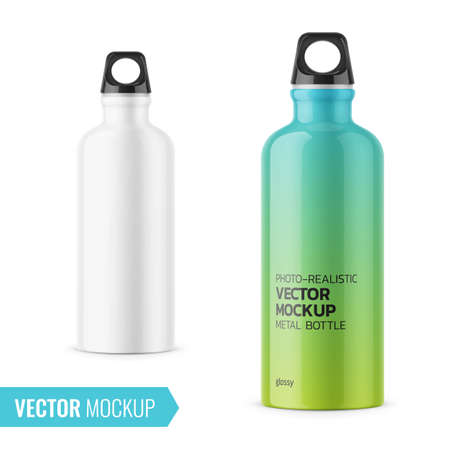 White glossy metal water bottle with black bung. 500 ml. Photo-realistic packaging mockup template with sample design. Front view. Vector 3d illustration.のイラスト素材