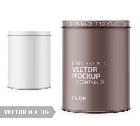 Round white matte tin can with lid. Container for dry products - tea, coffee, sugar, cereals, candy, spice. Photo-realistic packaging vector mockup template with sample design. Vector 3d illustration.のイラスト素材