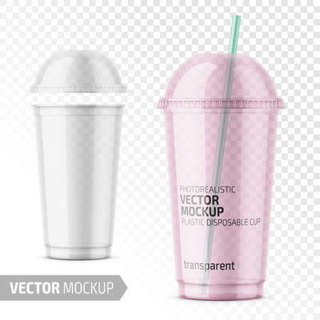 Empty clear plastic disposable cup with dome lid for cold beverage - soda, ice tea or coffee, cocktail, milkshake, juice. 450 ml. Realistic packaging mockup template. Vector illustration.のイラスト素材