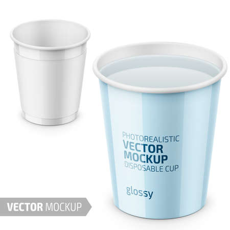 White glossy disposable cup for beverage - water, soda, coffee, tea. 250 ml. Photo-realistic packaging mockup template. Vector 3d illustration.のイラスト素材