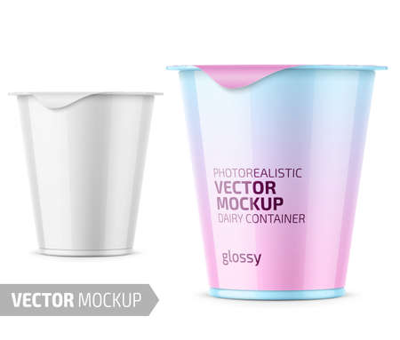 Round plastic pot with glossy carton wrap and foil cover for dairy products, yogurt, cream, dessert. 290 g. Realistic packaging mockup template with sample design. Vector illustration.のイラスト素材