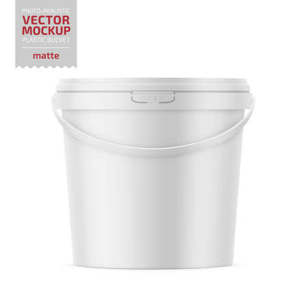 White matte plastic bucket for food products, paint, household stuff. 900 ml. Realistic packaging mockup template. Handle down forward. Vector illustration.のイラスト素材