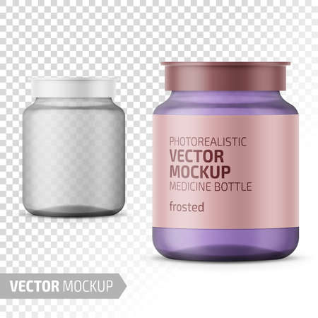 Clear frosted glass medicine bottle with snap lid for tablets, pills, drugs. Photo-realistic packaging mockup template with sample design. Vector 3d illustration.のイラスト素材