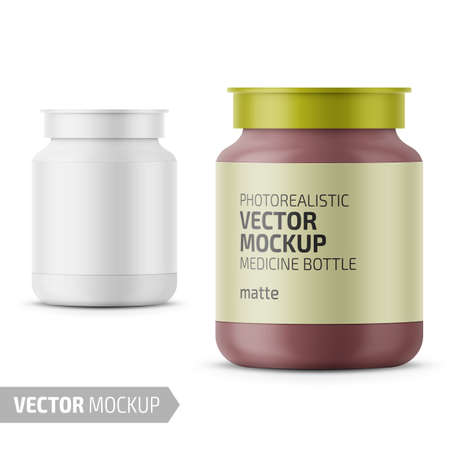 White matte glass medicine bottle with snap lid for tablets, pills, drugs. Photo-realistic packaging mockup template with sample design. Vector 3d illustration.のイラスト素材