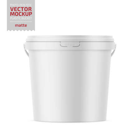White matte plastic bucket for food products, paint, household stuff. 900 ml. Realistic packaging mockup template. Handle down backward. Vector illustration.のイラスト素材
