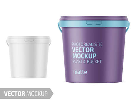 White matte plastic bucket for food products, paint, household stuff. 900 ml. Realistic packaging mockup template with sample design. Handle down backward. Vector illustration.のイラスト素材