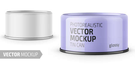 Low-profile glossy tuna can with label on white background. Photo-realistic packaging vector mockup template with sample design. Vector 3d illustration.のイラスト素材