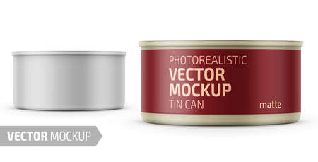 Low-profile matte tuna can with label on white background. Photo-realistic packaging vector mockup template with sample design. Vector 3d illustration.のイラスト素材