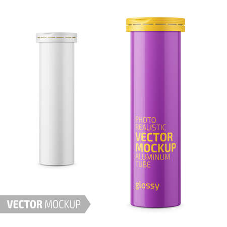 Round white glossy aluminum tube with cap for effervescent or carbon tablets, pills, vitamins. Photo-realistic packaging mockup template with sample design. 3d vector illustration.のイラスト素材