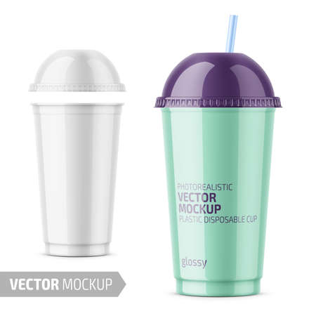 White plastic disposable cup with dome lid for cold beverage - soda, ice tea or coffee, cocktail, milkshake, juice. 450 ml. Realistic packaging mockup template. Vector illustration.のイラスト素材