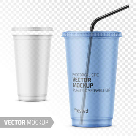 Empty transparent frosted plastic disposable cup with lid for cold beverage - soda, ice tea or coffee, cocktail, milkshake, juice. 450 ml. Realistic packaging mockup template. Vector illustration.のイラスト素材