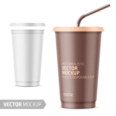 White frosted plastic disposable cup with lid for cold beverage - soda, ice tea or coffee, cocktail, milkshake, juice. 450 ml. Realistic packaging mockup template. Vector illustration.のイラスト素材