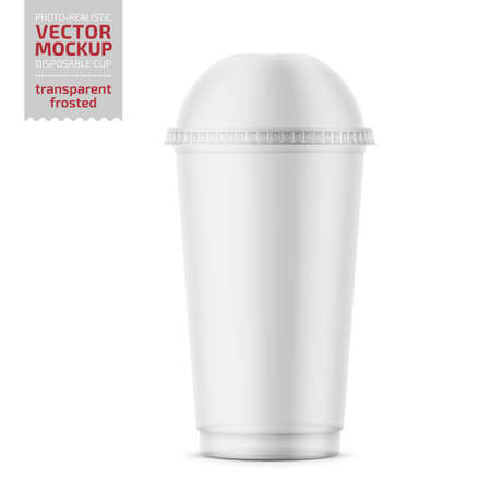 Empty clear frosted plastic disposable cup with dome lid for cold beverage - soda, ice tea or coffee, cocktail, milkshake, juice. 450 ml. Realistic packaging mockup template. Vector illustration.のイラスト素材