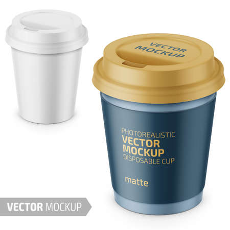 White matte disposable cup with paper sleeve and plastic lid for hot beverage coffee, tea, espresso. 250 ml. Photo-realistic packaging mockup template with sample design. Vector 3d illustration.のイラスト素材