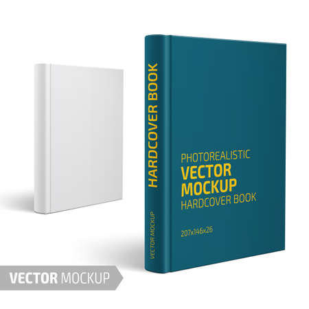White vertical hardcover book. Photo-realistic vector mockup template with sample design. Vector 3d illustration.のイラスト素材