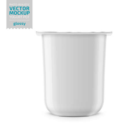 White glossy plastic pot with foil cover for yogurt, cream, dessert or jam. Rounded square form. 115 g. Photo-realistic packaging mockup template. Vector illustration.のイラスト素材