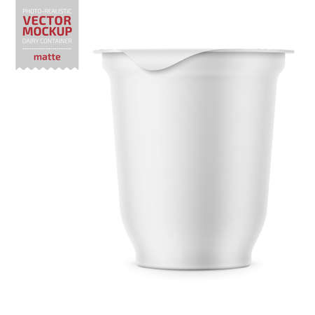 Round white matte plastic pot with textured foil cover for dairy products, yogurt, cream, dessert. 350 g. Photo-realistic packaging mockup template. Vector 3d illustration.のイラスト素材