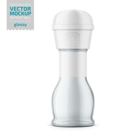 Glass pepper mill with label. 70 g. Glossy finish. Photo-realistic packaging mockup template. 3d vector illustration.のイラスト素材