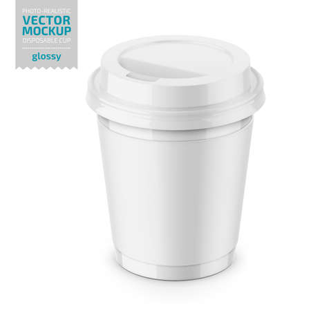 White glossy disposable cup with paper sleeve and plastic lid for hot beverage coffee, tea, espresso. 250 ml. Photo-realistic packaging mockup template. Vector 3d illustration.のイラスト素材