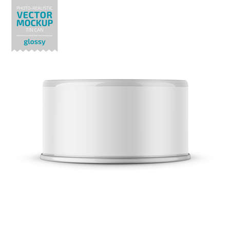 Low-profile glossy tuna can with label on white background. Photo-realistic packaging vector mockup template. Vector 3d illustration.のイラスト素材
