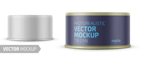 Low-profile matte tuna can with label on white background. Photo-realistic packaging vector mockup template with sample design. Vector 3d illustration.のイラスト素材