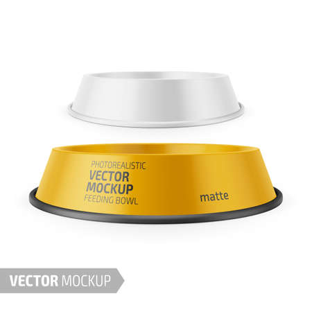 White matte pet feeding bowl for food or water on rubber base for cats or dogs. Photo-realistic mockup template. Vector 3d illustration.のイラスト素材