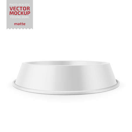 White matte pet feeding bowl for food or water on rubber base for cats or dogs. Photo-realistic mockup template. Vector 3d illustration.のイラスト素材