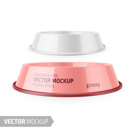 White glossy pet feeding bowl for food or water on rubber base for cats or dogs. Photo-realistic mockup template with sample design. Vector 3d illustration.のイラスト素材