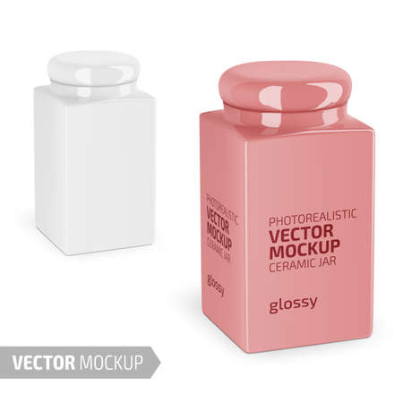 Square white glossy ceramic jar with round lid. Container for dry products - tea, coffee, sugar, candy, spice. Photo-realistic packaging mockup template with sample design. Vector 3d illustration.のイラスト素材