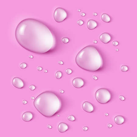 Set of realistic water drops on pink background.のイラスト素材